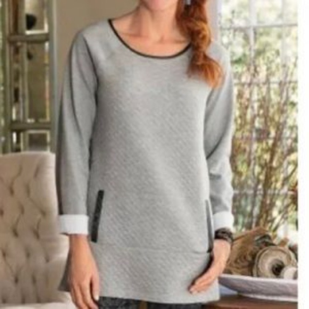 Soft Surroundings Women Tunic Sweater Size S Gray Quilted Leather Trim Pullover